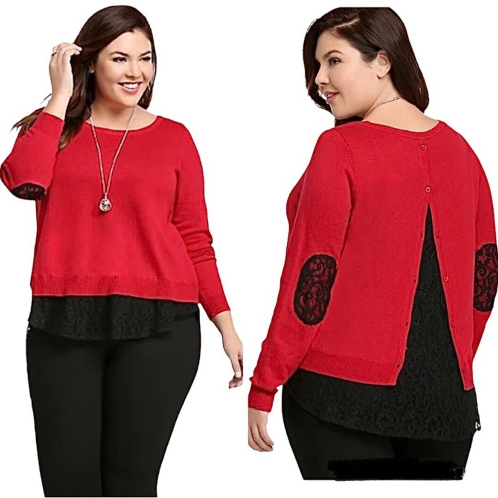 TORRID Lace Hem Pullover Sweater Split Button Back Red Black Size 3